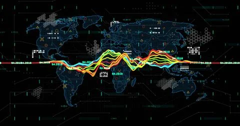 Image of digital data processing over world map on dark background 스톡 일러스트