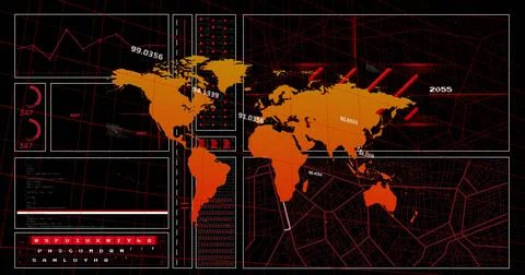 Image of digital data processing over world map on dark background 스톡 일러스트