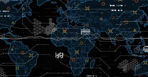 Image of digital data processing over world map on dark background 스톡 일러스트
