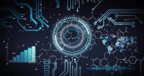 Image of digital data processing over circuit board 库存插图