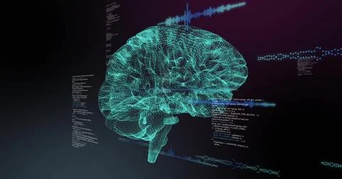 Image of digital data processing over human brain Illustrazione stock