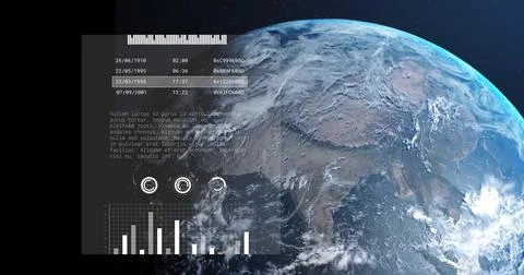 Image of digital data processing over globe on dark background Illustrazione stock