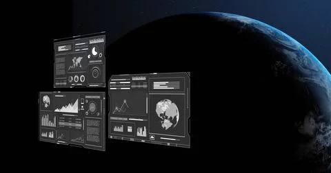 Image of digital data processing over globe on dark background Illustrazione stock