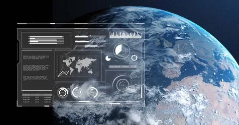 Image of digital data processing over globe on dark background Illustrazione stock