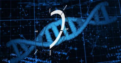 Image of digital data processing over dna strand spinning on black background 스톡 일러스트