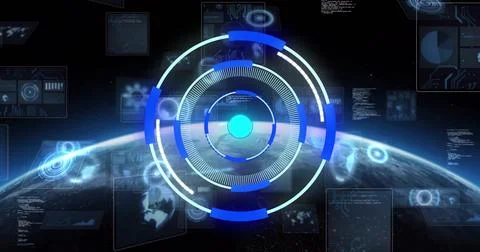 Image of digital data processing over scope scanning on black background イラスト素材