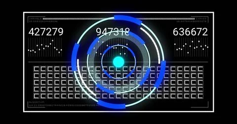 Image of digital data processing over scope scanning on black background Illustrazione stock