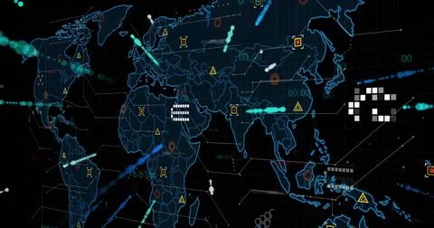 Image of digital data processing over world map on black background Illustrazione stock