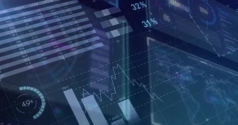 Image of digital data processing over screens on black background イラスト素材