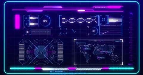 Image of digital data processing over screens on dark background Illustrazione stock