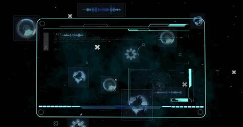Image of digital data processing over screens on dark background 스톡 일러스트