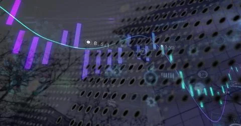 Image of digital data processing over city Illustrazione stock