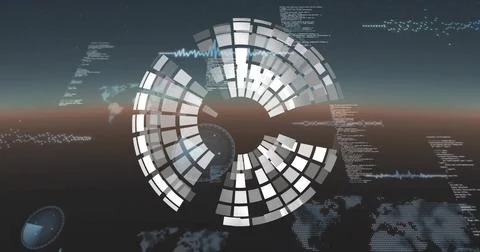 Image of digital data processing over globe on dark background Illustrazione stock