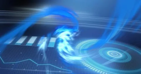 Image of digital data processing over blue light trails background Illustrazione stock