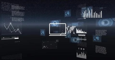 Image of digital data processing over grid on black background Stock Illustration