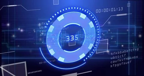 Image of digital data processing over scope scanning on black background Illustrazione stock