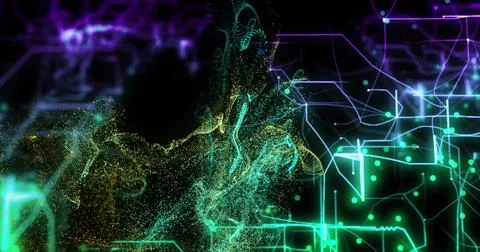 Image of digital data processing over glowing mesh of connections Illustrazione stock