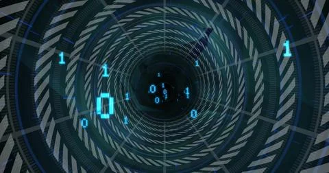 Image of digital data processing over binary coding and chain tunnel Illustrazione stock