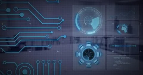 Image of digital data processing over desks in office 库存插图