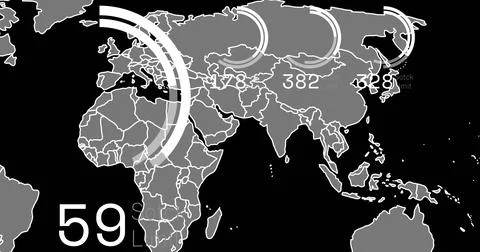 Image of digital data processing over world map on dark background Illustrazione stock