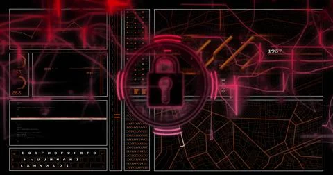 Image of digital data processing over padlock icon on dark background Stock Illustration