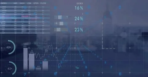 Image of digital data processing over cityscape Stock Illustration