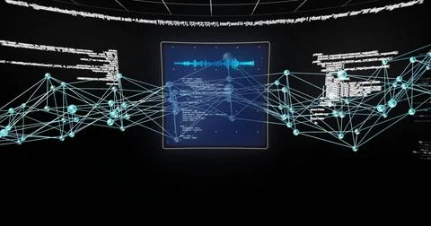 Image of digital data processing over connections on black background Stock Illustration