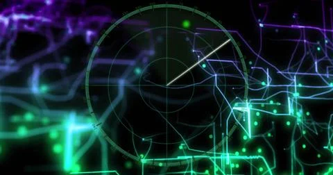 Image of digital data processing over connections on black background 스톡 일러스트