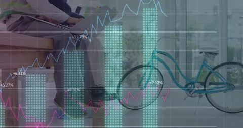 Image of digital data processing over schoolboy using laptop computer Stock Photos