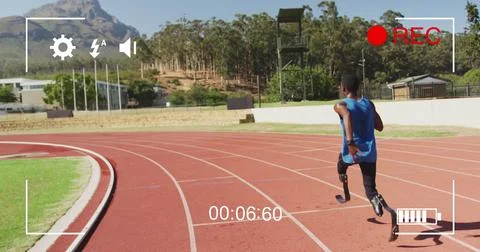 Image of digital data processing over disabled male athlete with running blades Stock Photos