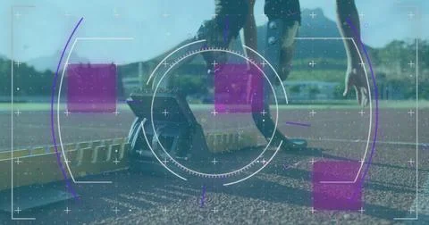 Image of digital data processing over disabled male athlete with running blades Foto stock