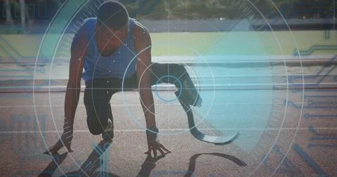 Image of digital data processing over disabled male athlete with running blades 写真素材