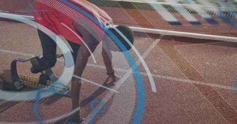 Image of digital data processing over disabled male athlete with running blades Stock Photos