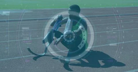 Image of digital data processing over disabled male athlete with running blades Foto stock