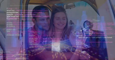 Image of digital data processing over two caucasian people in car Foto stock