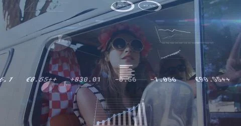 Image of digital data processing over two caucasian people in car Stockfoto's