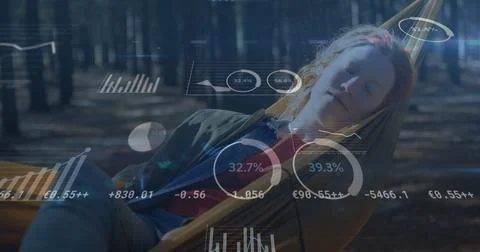 Image of digital data processing over caucasian woman on a hammock Stock Photos