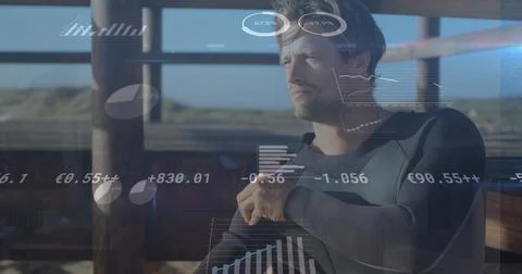 Image of digital data processing over caucasian surfer Stock Photos