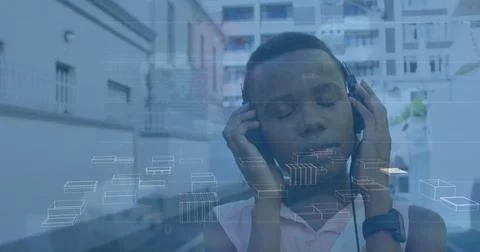 Image of digital data processing over african american women using headphones 스톡 사진