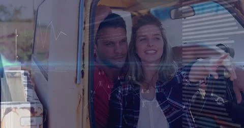 Image of digital data processing over two caucasian people in car Stock Photos