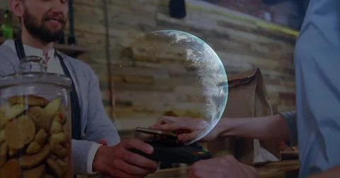 Image of digital data processing over people using a payment terminal Stock Photos