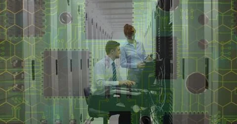 Image of digital data processing over female student using computer Foto stock