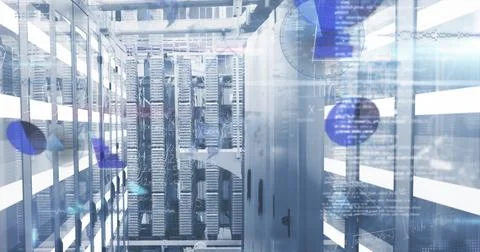 Image of digital data processing over server room Stock Photos