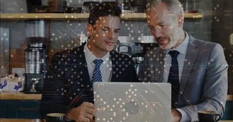 Image of digital data processing over businessman in office Stockfoto's