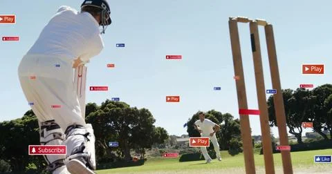 Image of digital data processing over diverse cricketers on field Foto stock