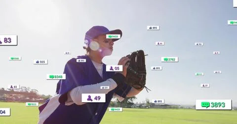Image of digital data processing over biracial female baseball player on field Foto stock
