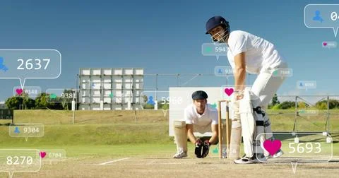Image of digital data processing over diverse cricketers on field 写真素材