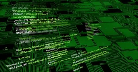 Image of digital data processing over circuit board on black background Stock Photos