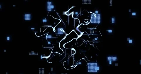 Image of digital data processing over circuit board on black background 스톡 사진