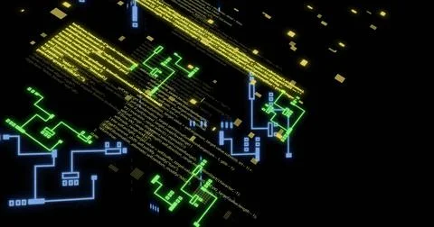 Image of digital data processing over circuit board on black background Foto stock